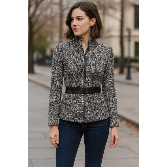 Spenser Jeremy Tweed Zip Front Blazer Jacket Leather Old Money professional work - Picture 1 of 12